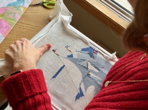 Ann Marie's Bluenose cross stitch taking shape.